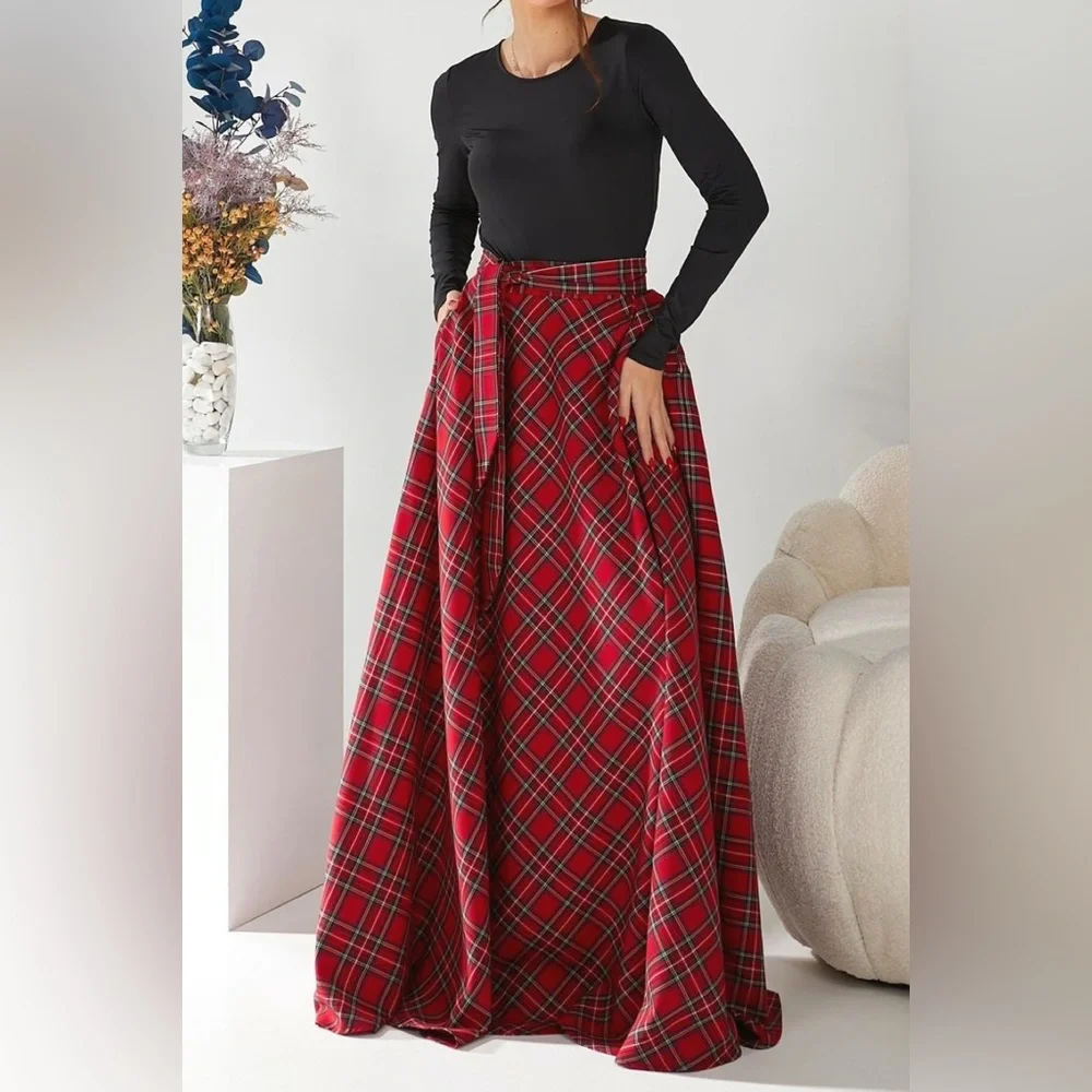 Plaid Red Tartan Maxi Full Skirt with pockets no name approx. size XL see meas. - Picture 10 of 10